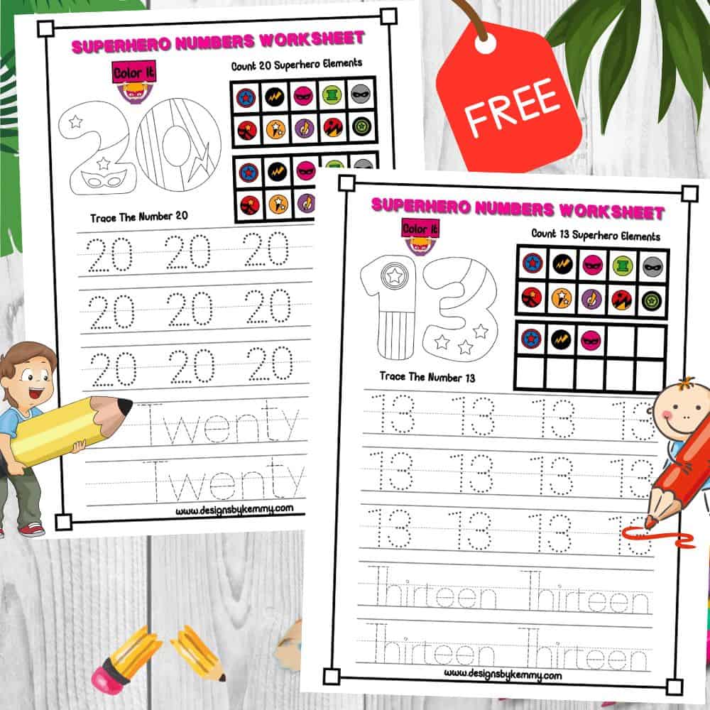 Superhero Number Tracing Worksheet