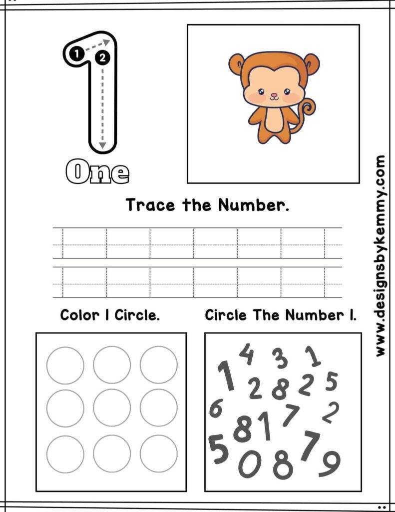 Animal Number 1 Tracing Worksheet