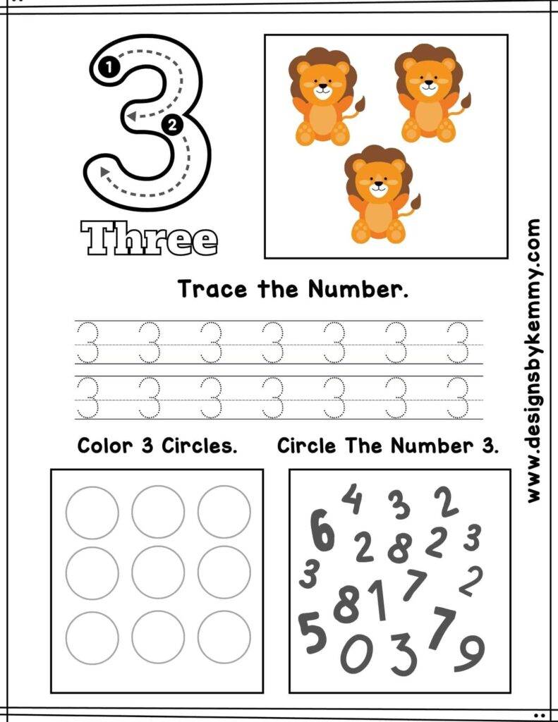 Animal Number 3 Tracing Worksheet