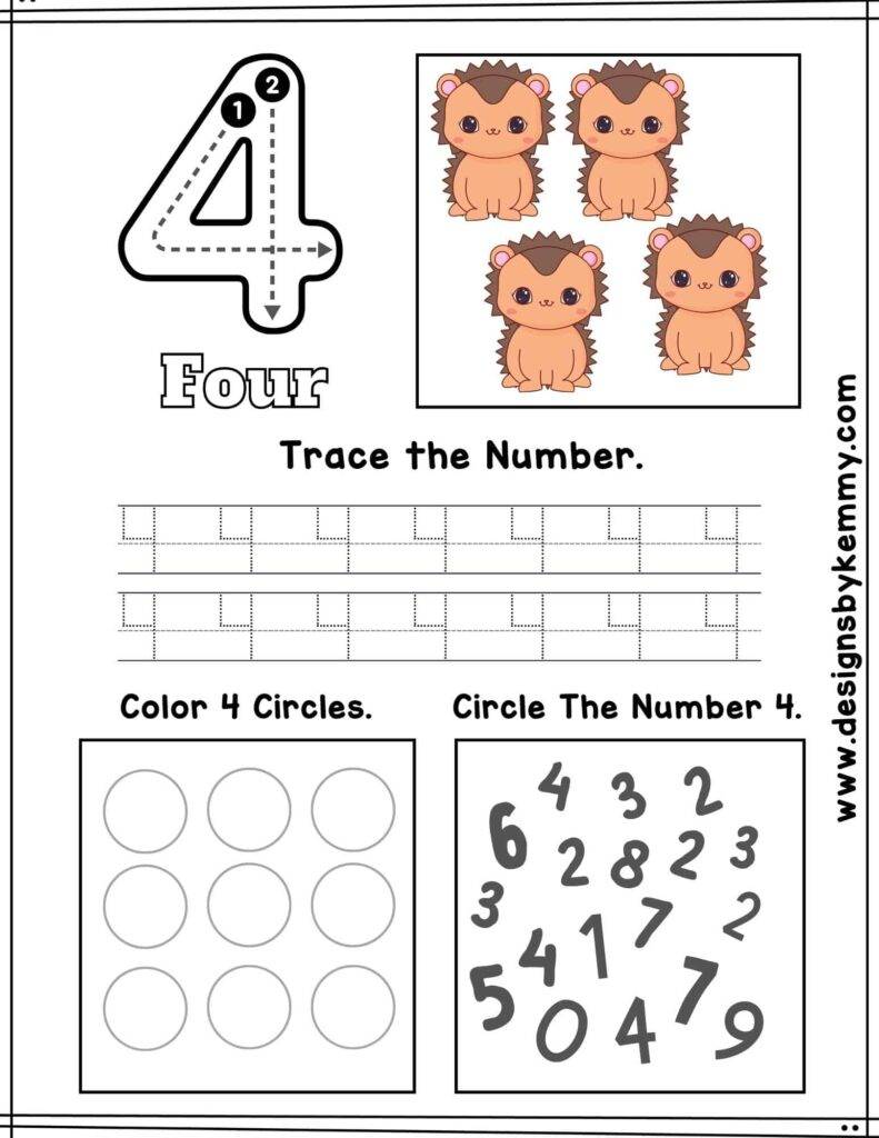 Animal Number 4 Tracing Worksheet