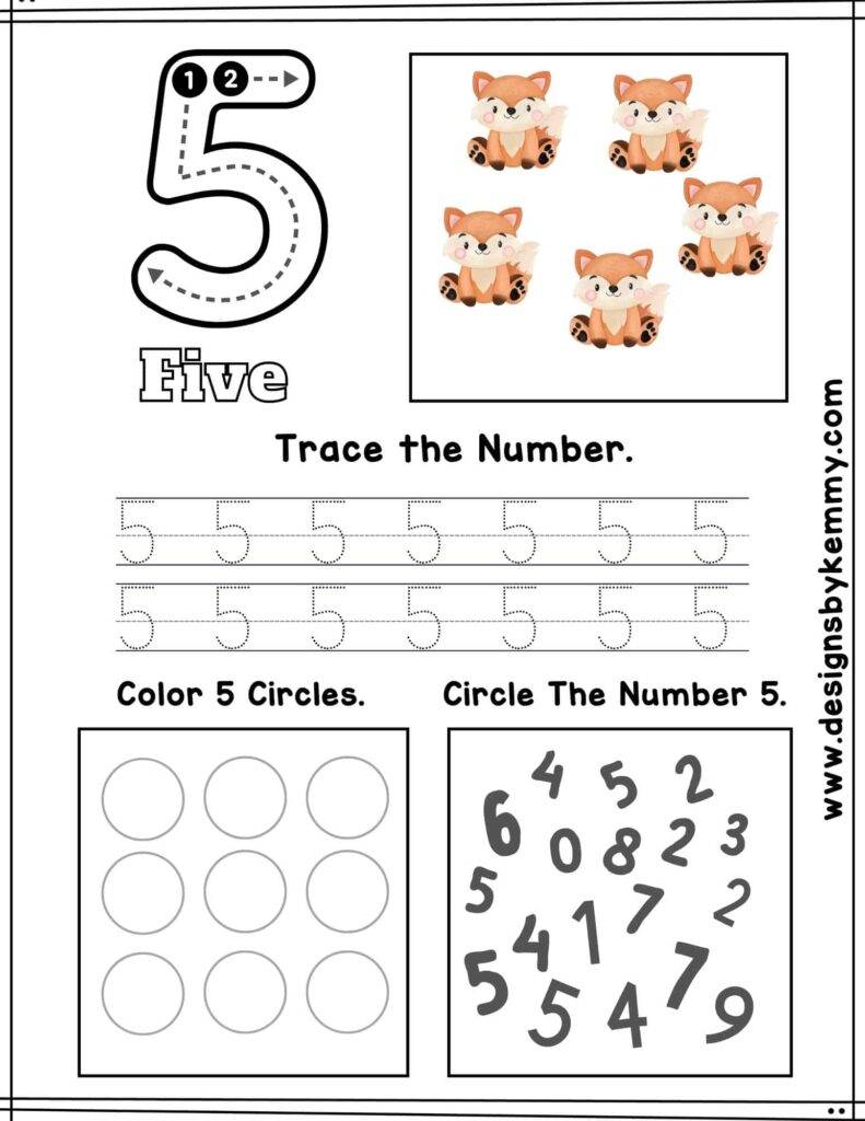Animal Number 5 Tracing Worksheet