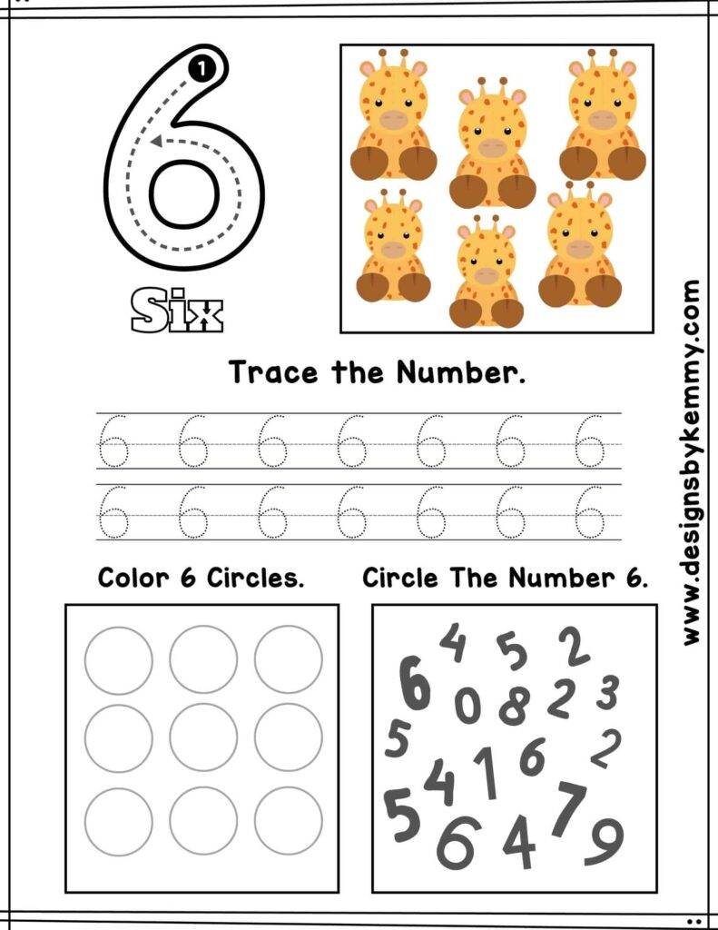 Animal Number 6 Tracing Worksheet