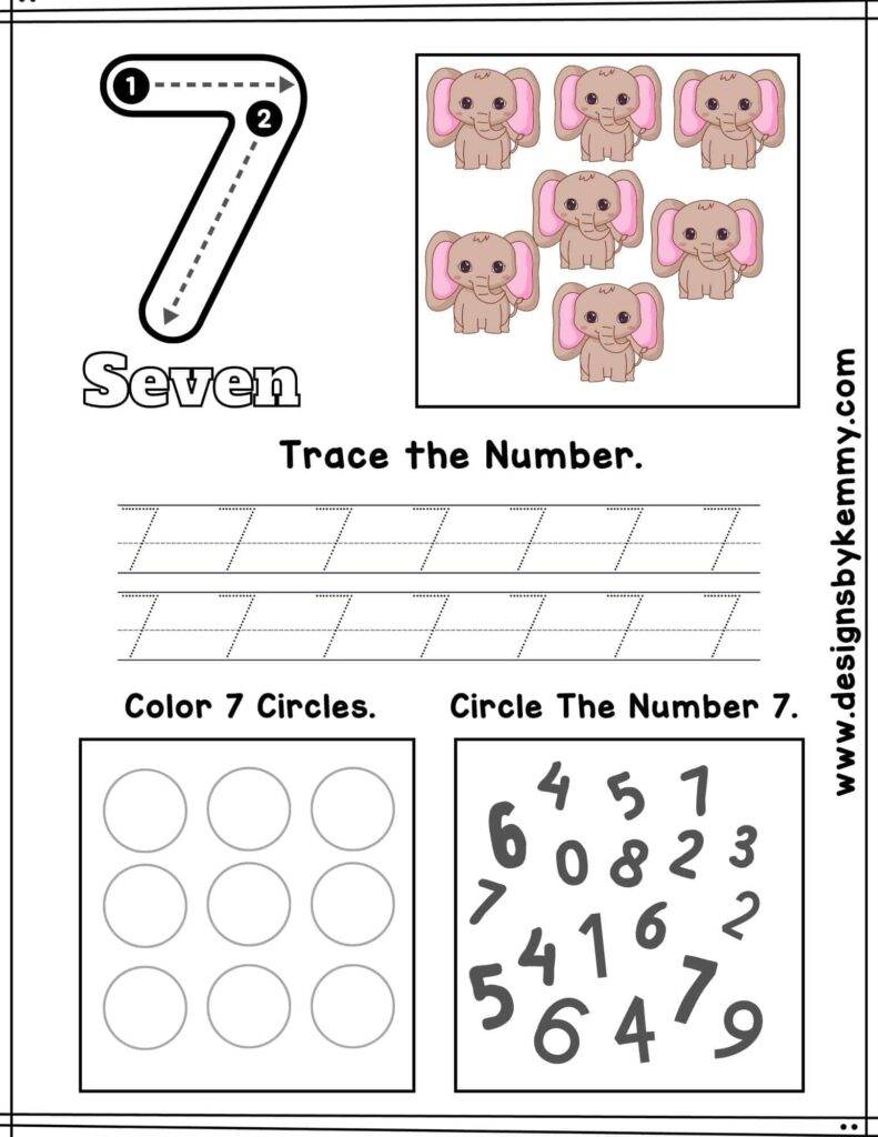 Animal Number 7 Tracing Worksheet