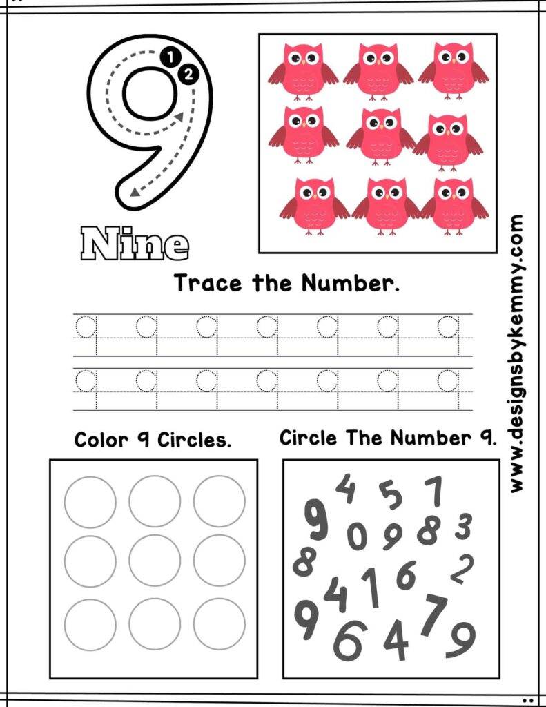Animal Number 9 Tracing Worksheet