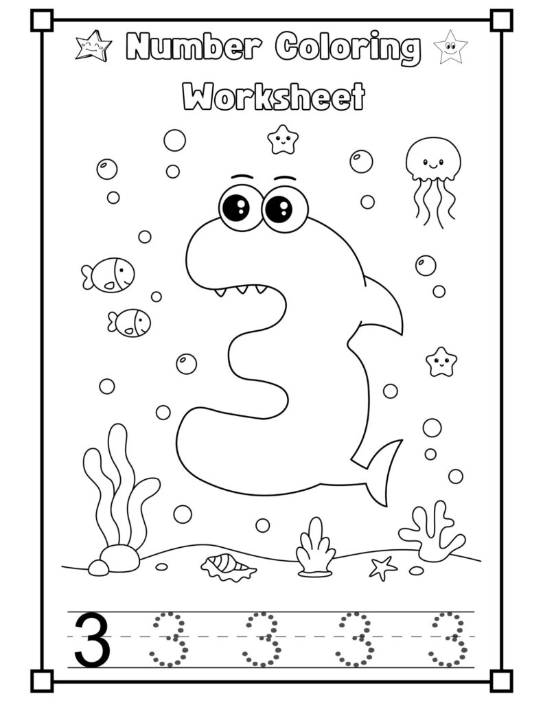 Baby Shark Number 3 Coloring Worksheet