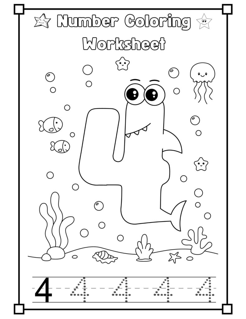 Baby Shark Number 4 Coloring Worksheet