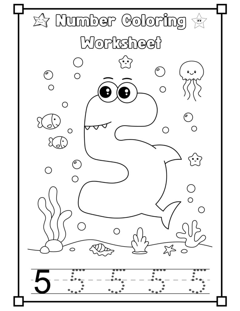 Baby Shark Number 5 Coloring Worksheet