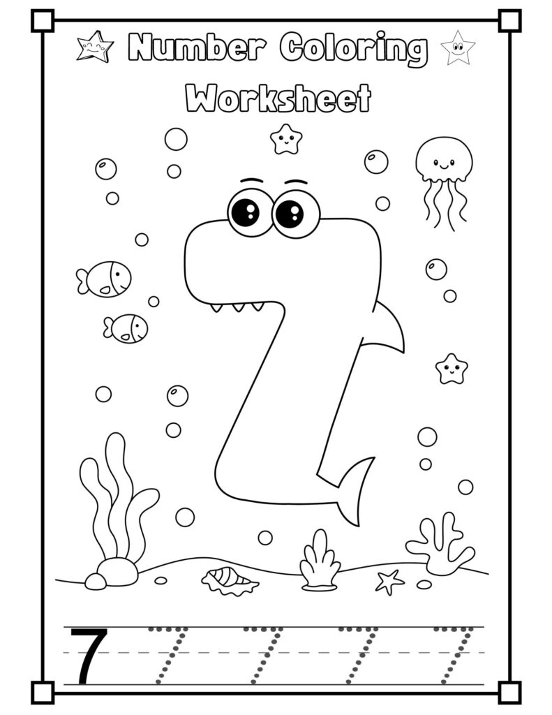 Baby Shark Number 7 Coloring Worksheet