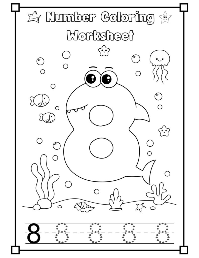 Baby Shark Number 8 Coloring Worksheet