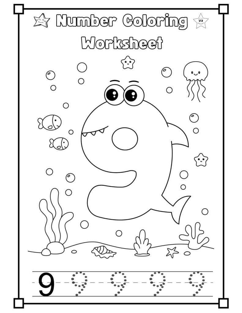 Baby Shark Number 9 Coloring Worksheet