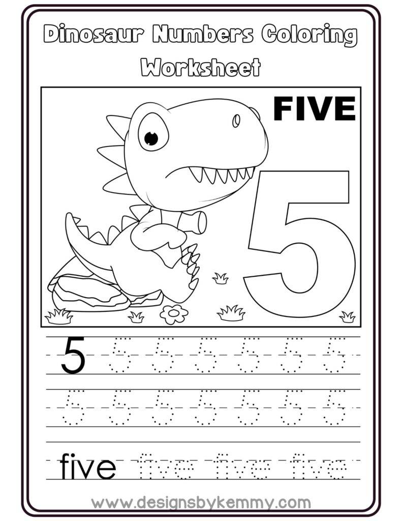 Dinosaur Number 5 Coloring worksheet