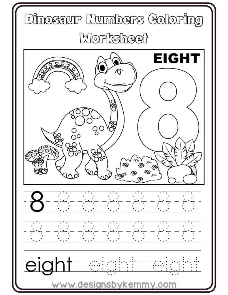 Dinosaur Number 8 Coloring worksheet