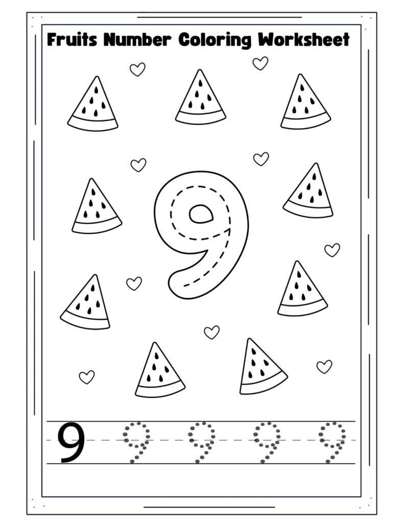 Fruits-Number-9-Coloring-Worksheet