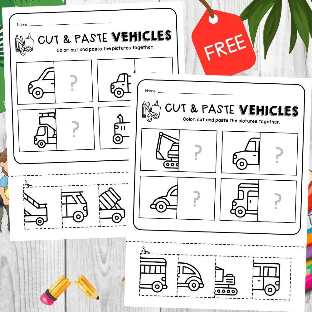 Cut and Paste Vehicles Activity For Kids