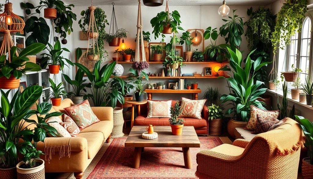 Boho living room decor ideas with houseplant decor