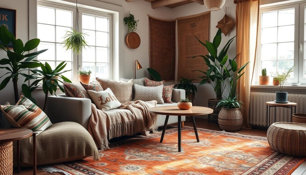 Boho textile layering with vintage rugs