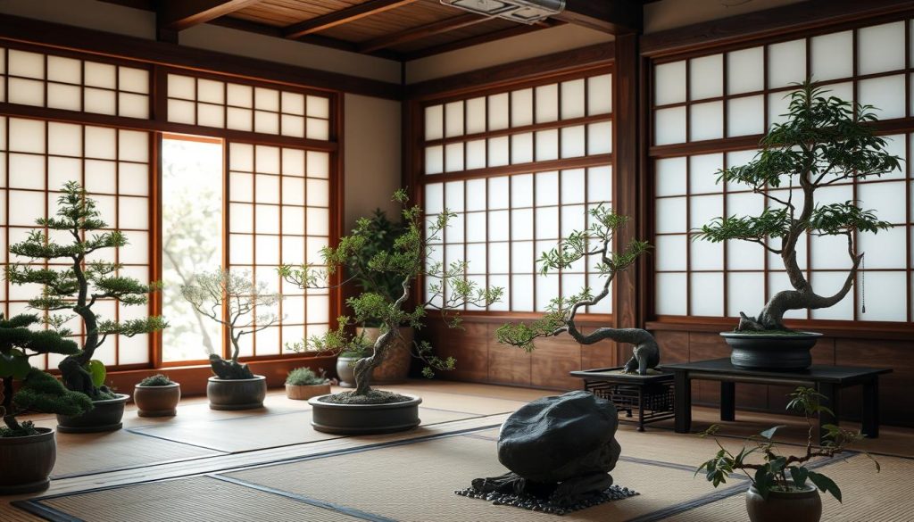 Japanese Indoor Nature Decor with Bonsai Trees