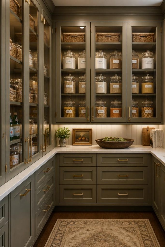 Custom luxury pantry cabinets with glass-front cabinetry and brass hardware