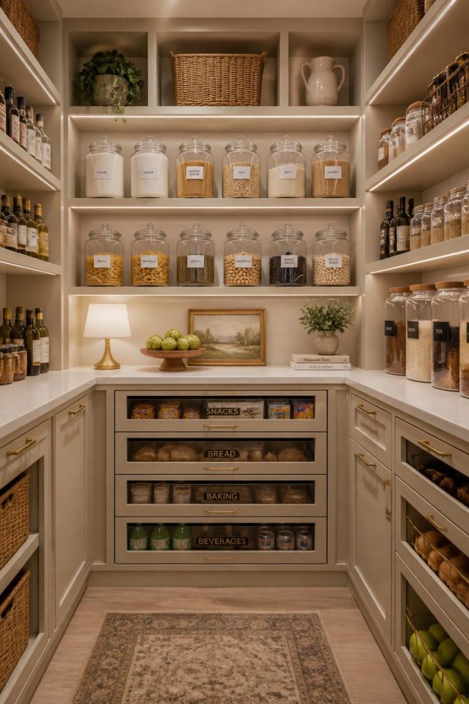 Elegant pantry storage ideas with organized pantry shelves and glass containers