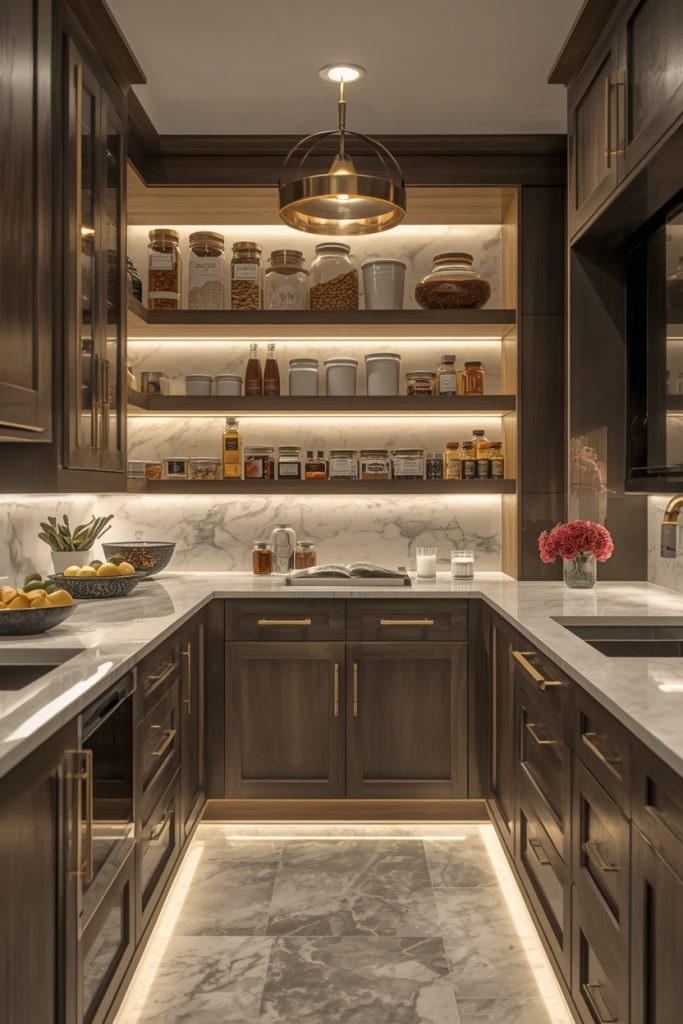 Luxury pantry lighting ideas with pendant lights and warm LED shelving