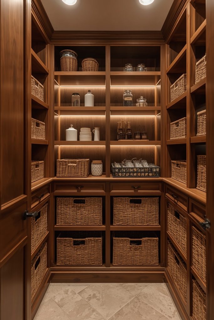 Luxury pantry shelving ideas with warm wood tones and designer lighting