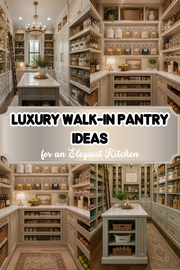 Modern luxury walk-in pantry ideas with marble countertops and custom shelving