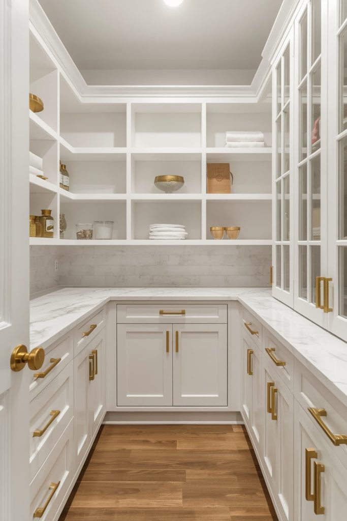 Modern luxury walk-in pantry ideas with marble countertops and custom shelving