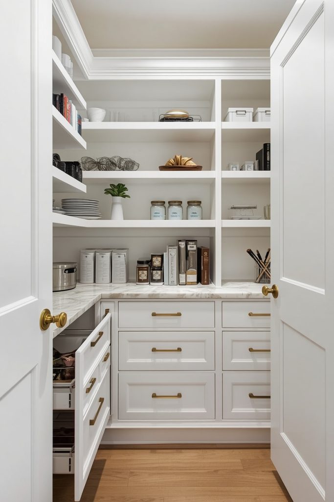Small luxury pantry ideas with hidden storage and elegant shelving